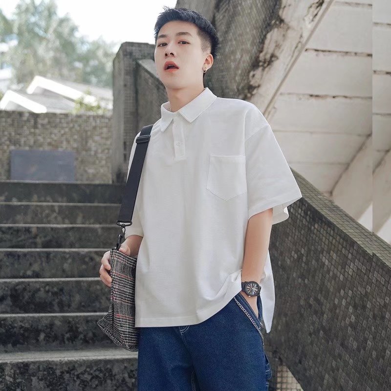 纯色短袖polo衫男夏季港风宽松