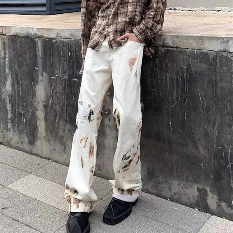 火焰刺绣蕾丝cleanfit牛仔裤男潮美式高街vibe裤子修身直筒微喇裤