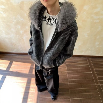 美式复古条纹可拆卸毛领连帽卫衣