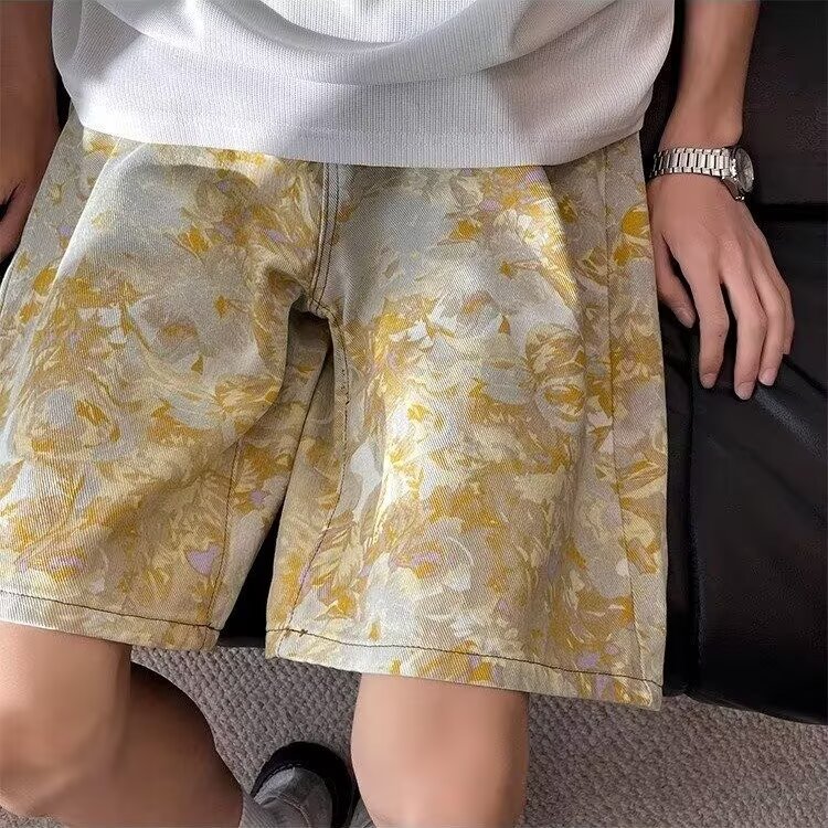 复古扎染碎花工装短裤男夏季加肥加大码潮胖人宽松重磅直筒五分裤