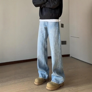 浅蓝色闪电纹牛仔裤男款弹力水洗美式vibe裤子直筒宽松高腰微喇裤