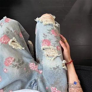 美式高街花卉破洞牛仔裤男款夏季高级感显瘦裤子玫瑰满印直筒长裤