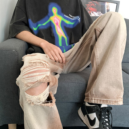 卡其色美式牛仔裤男ins潮牌做旧废土风破洞裤子宽松街头休闲长裤