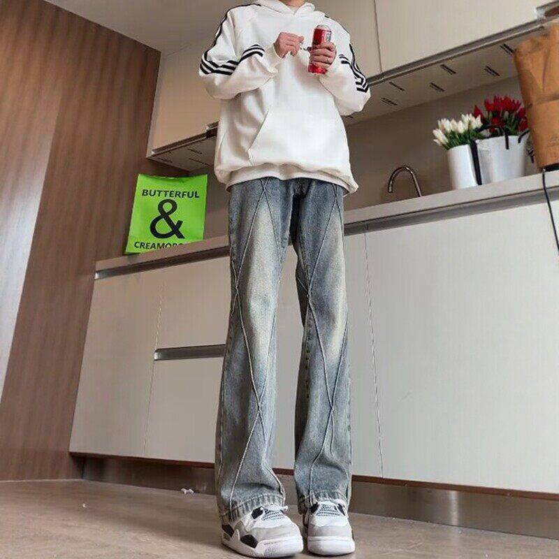 微喇牛仔裤男直筒宽松解构美式高街裤子潮牌痞帅炸街拼接设计显瘦