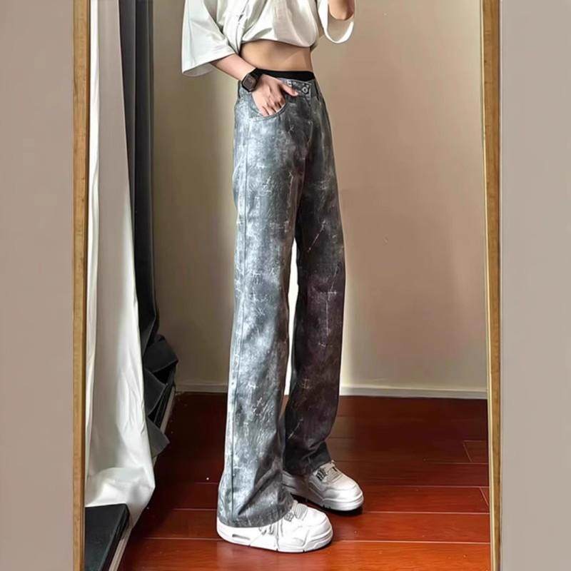美式高街雪花纹牛仔裤男秋季小众设计扎染裤子高腰垂感直筒微喇裤
