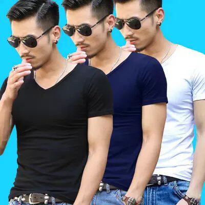 男士短袖t恤V领半袖纯棉修身半截袖上衣服打底衫贴身