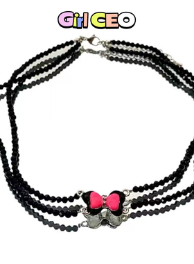 少女CEO黑色串珠蝴蝶结项链y2k小众设计感ins甜酷风轻奢高级感