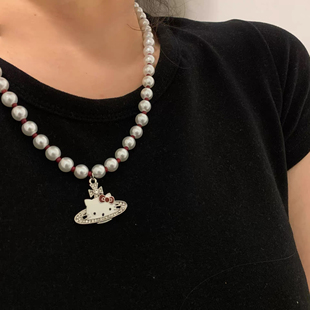 少女CEO土星珍珠kt猫项链小众设计甜酷辣妹潮男女锁骨链颈链