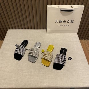 韩式 仙女平底水钻一字拖女夏外穿2025百搭露趾凉拖鞋 懒人沙滩鞋