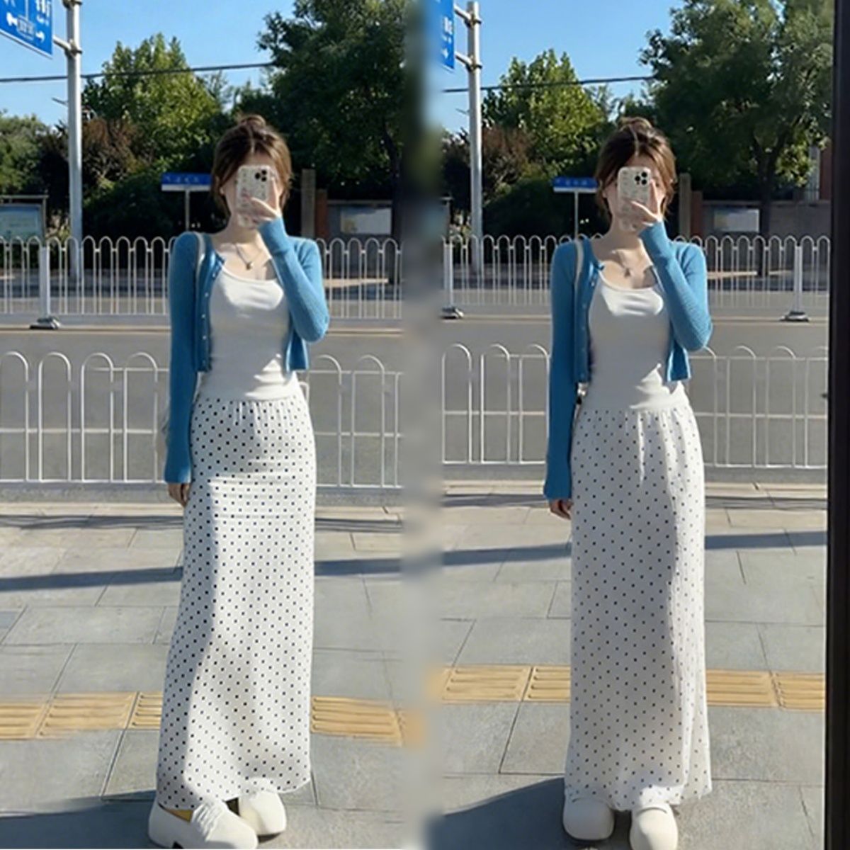 早秋漂亮波点裙针织衫套装韩系chic一整套ootd穿搭多巴胺半身长裙