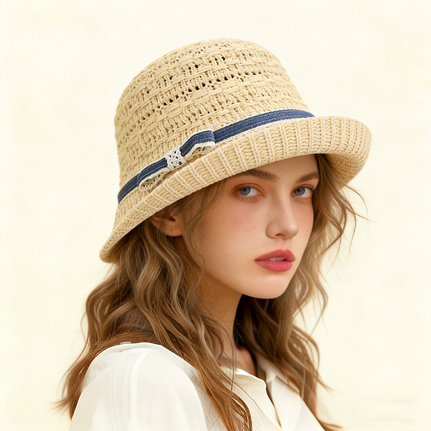 蕾丝蝴蝶结盆帽系带草编遮阳帽夏季防晒沙滩帽女小清新渔夫帽盆帽