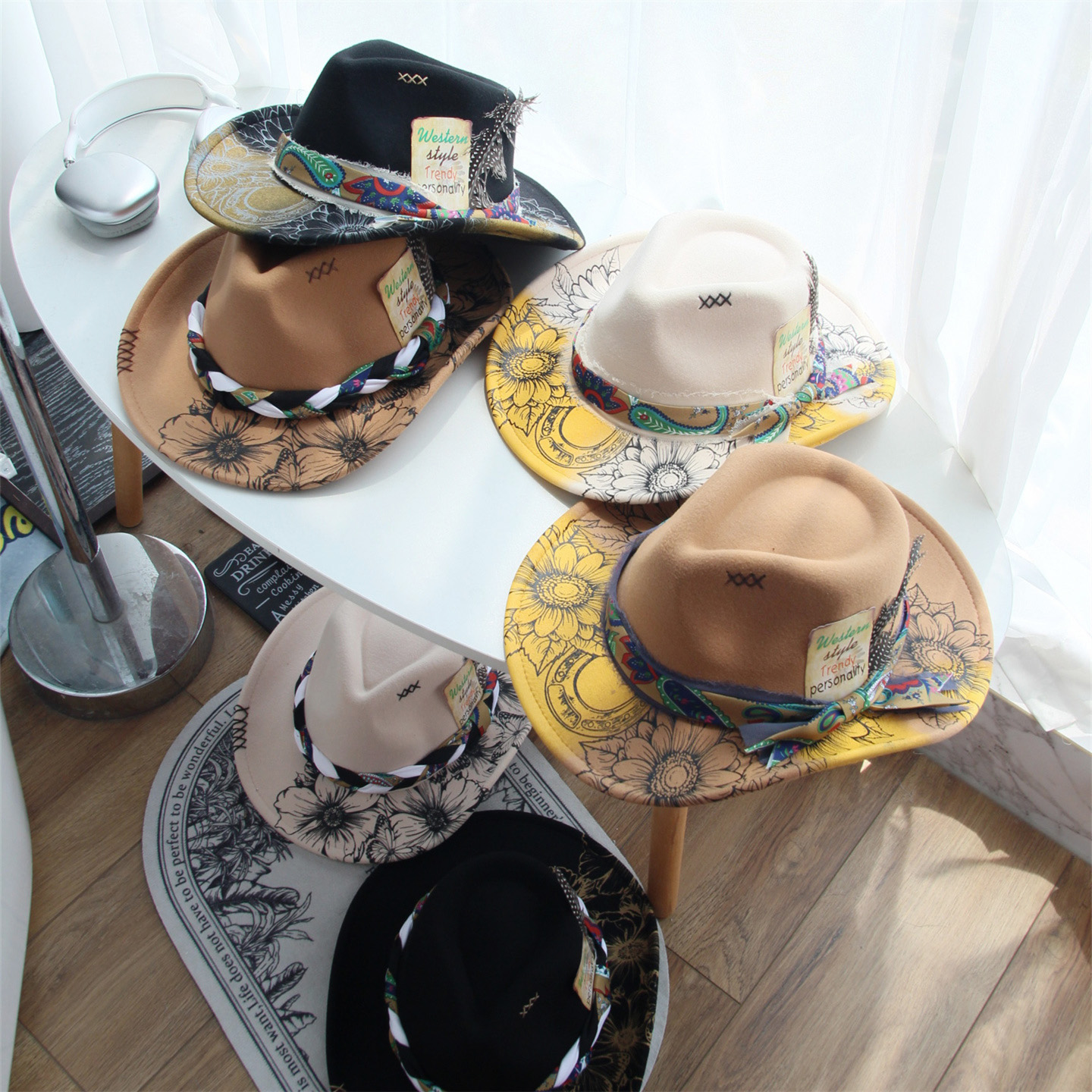 欧美新款高级渐变色牛仔帽创意礼帽织带羽毛装饰毛呢帽宽檐爵士帽