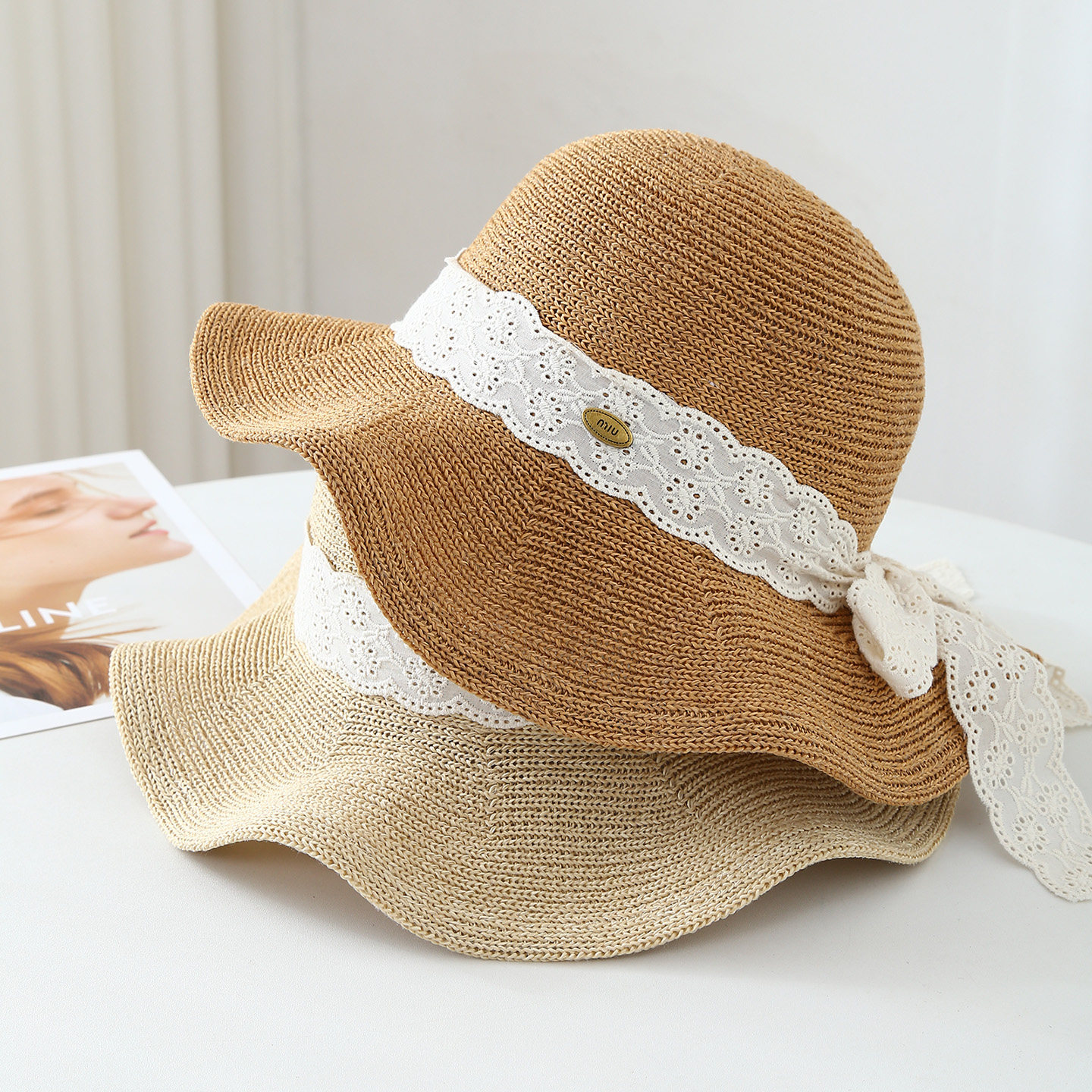 法式蕾丝蝴蝶结草编渔夫帽女夏季大檐遮阳防晒沙滩帽度假四季通用