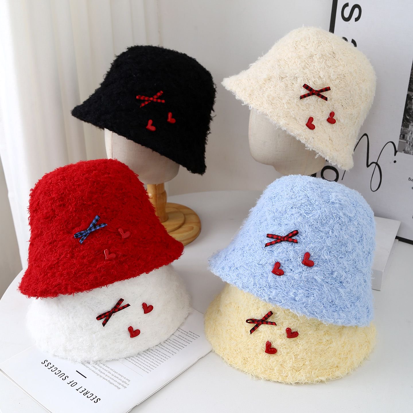 可爱蝴蝶结毛绒渔夫帽韩版ins秋冬天新款女童出游保暖护耳水桶帽