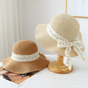 夏季防晒帽子丝带蝴蝶结渔夫帽大波浪檐草帽圆顶出游遮阳太阳帽