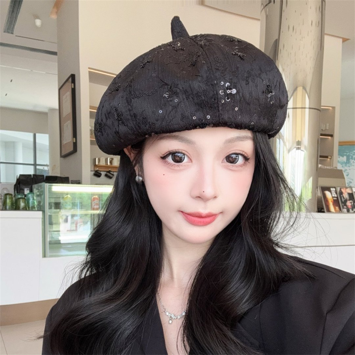 亮片梅花南瓜帽透气贝雷帽子女显脸小百搭画家帽休闲八角蓓蕾帽