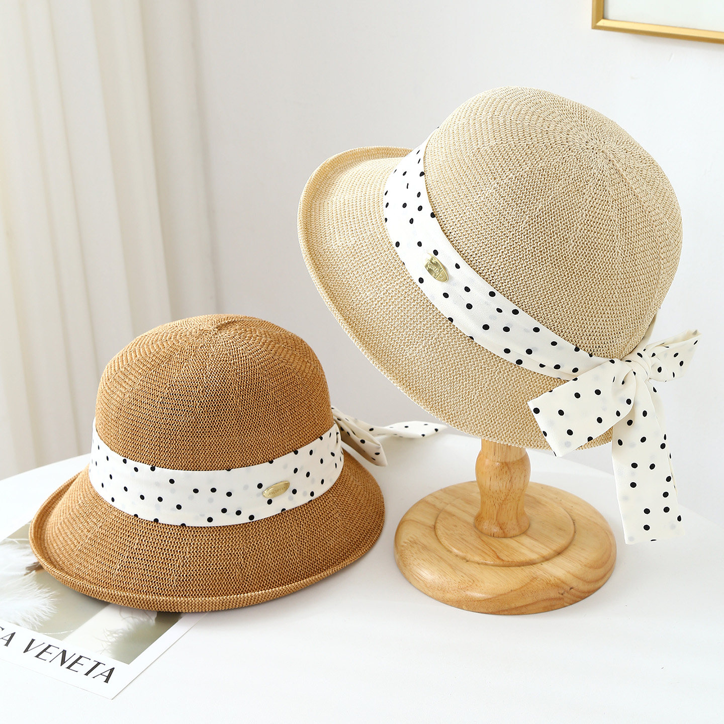 夏季女士法式波点帽蝴蝶结遮阳帽海边度假沙滩遮阳防晒太阳帽