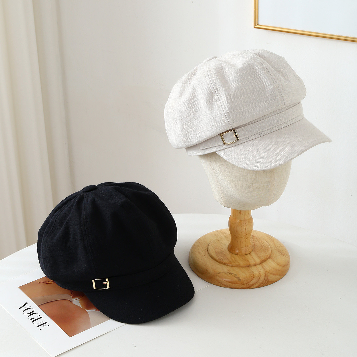 日系复古八角帽子春夏新款显脸小百搭画家帽轻奢金属扣宽檐鸭舌帽