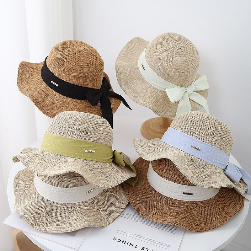 草帽2025款时尚草帽女夏天镂空透气遮阳防晒帽蝴蝶结大檐太阳帽
