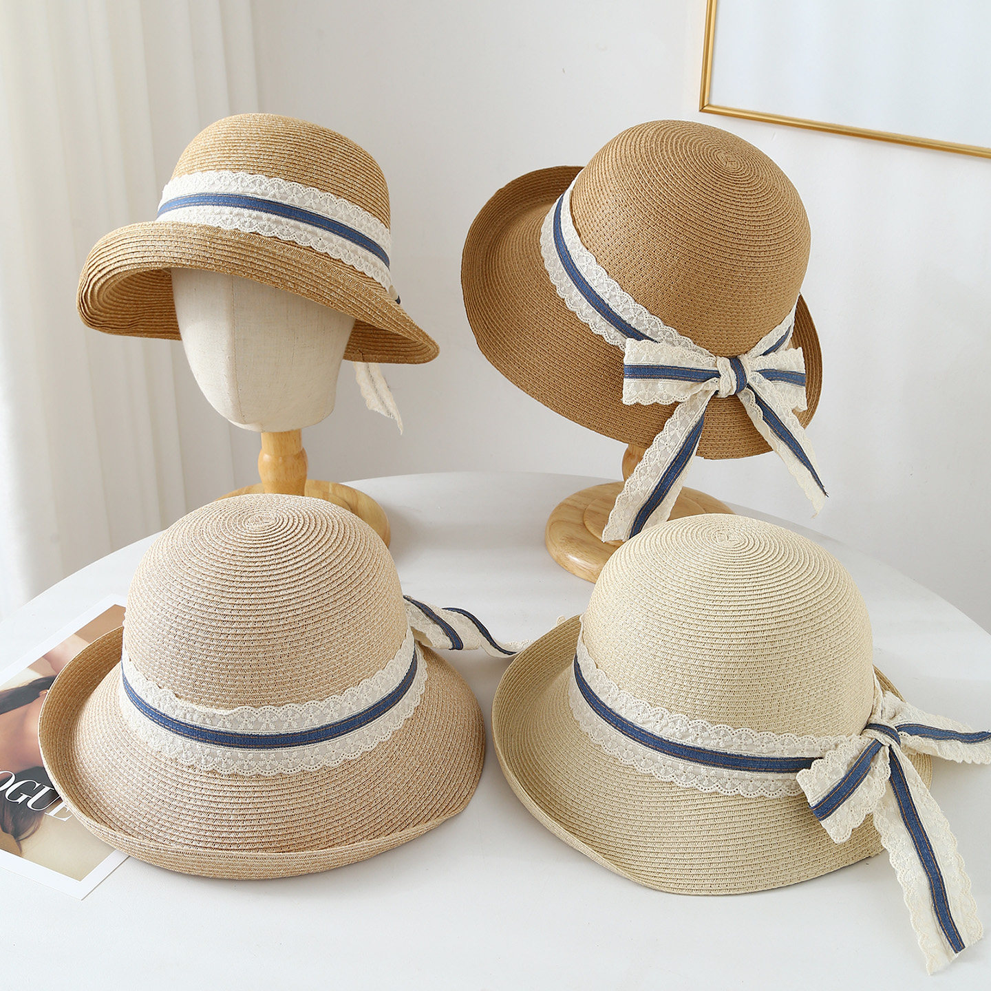 复古蓝丝带蝴蝶结草帽大帽檐草编太阳帽波浪边遮阳帽沙滩帽渔夫帽