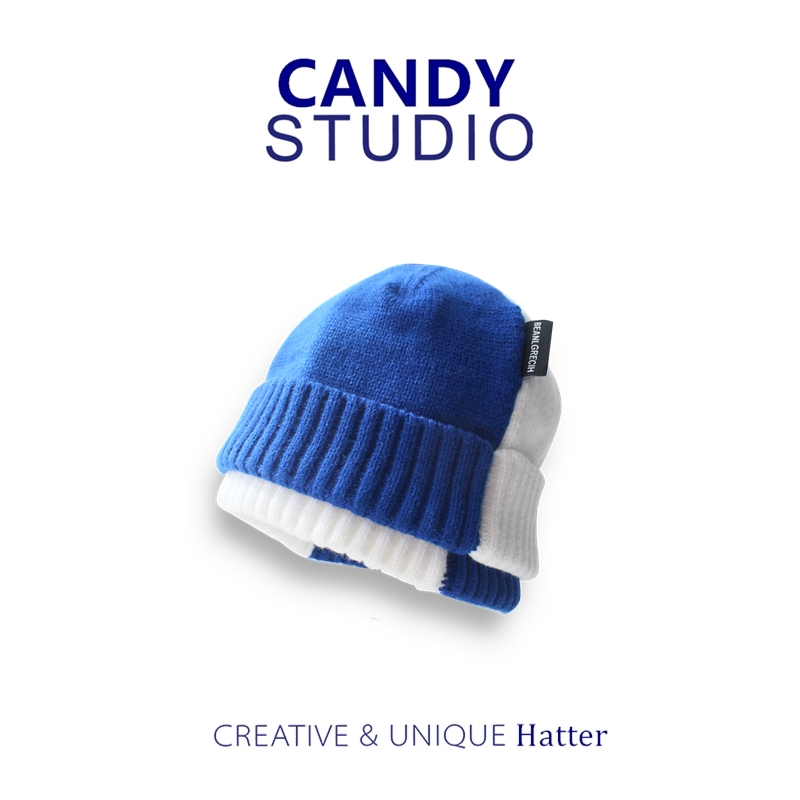 克莱因蓝色女蓝白瓜皮冷帽毛线帽