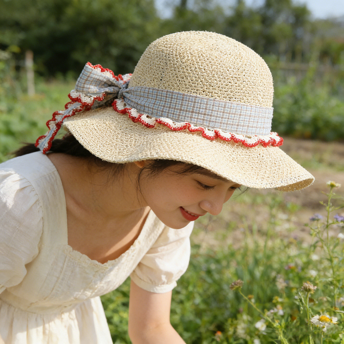 日系波浪边大檐渔夫帽女夏薄款针织透气时尚花边蝴蝶结飘带防晒帽