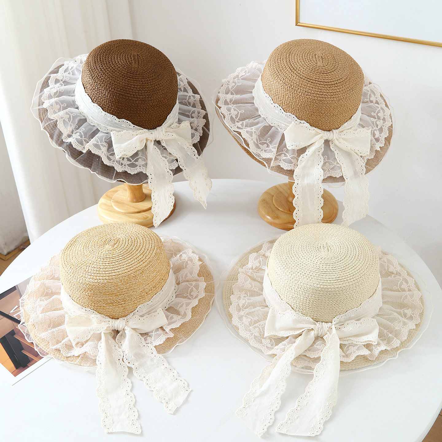 森系遮阳帽田园甜美洛丽塔日系草帽蕾丝蝴蝶结飘带防晒帽草编帽子
