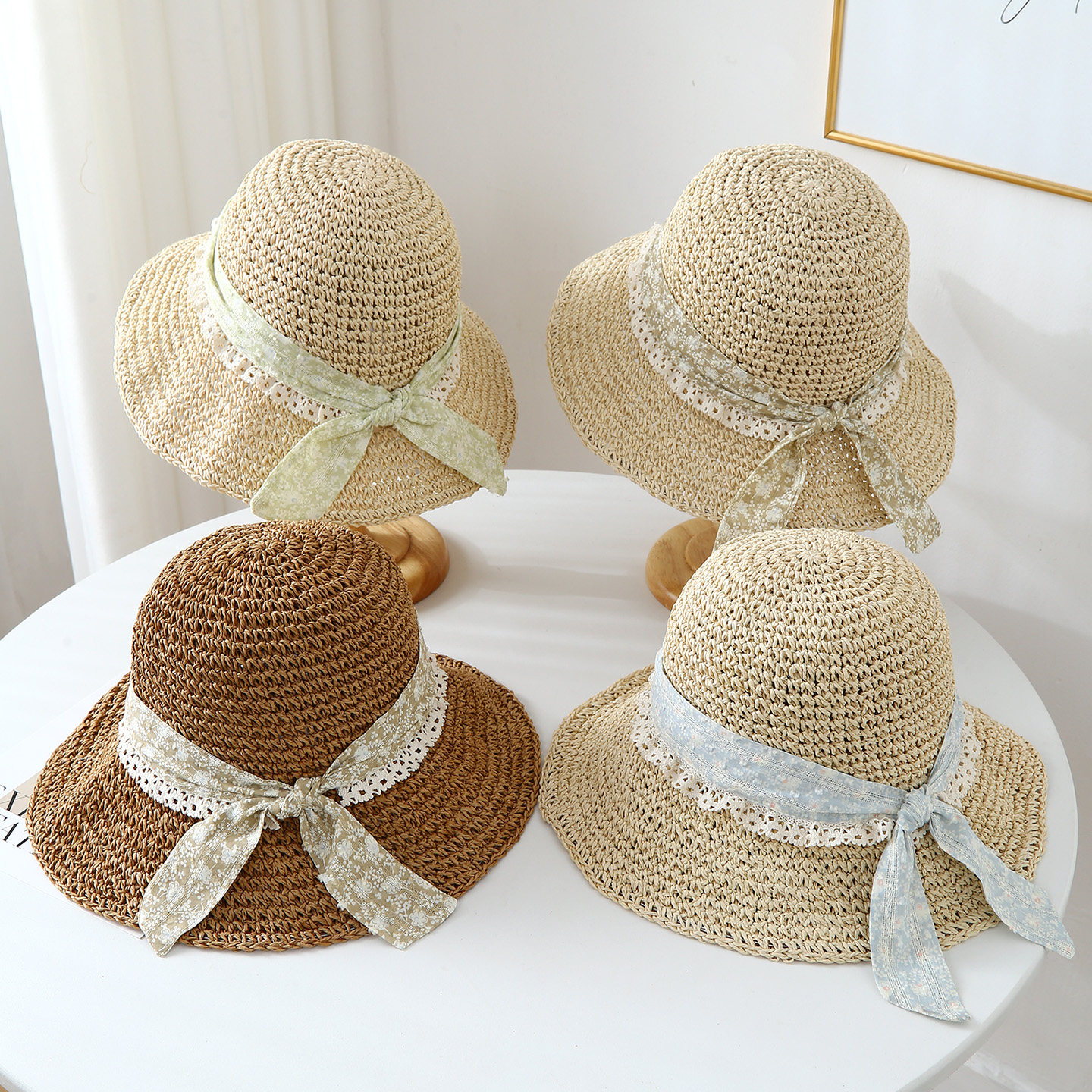 宽檐草帽女夏季蝴蝶结遮阳帽防晒沙滩帽度假出游男女通用织带