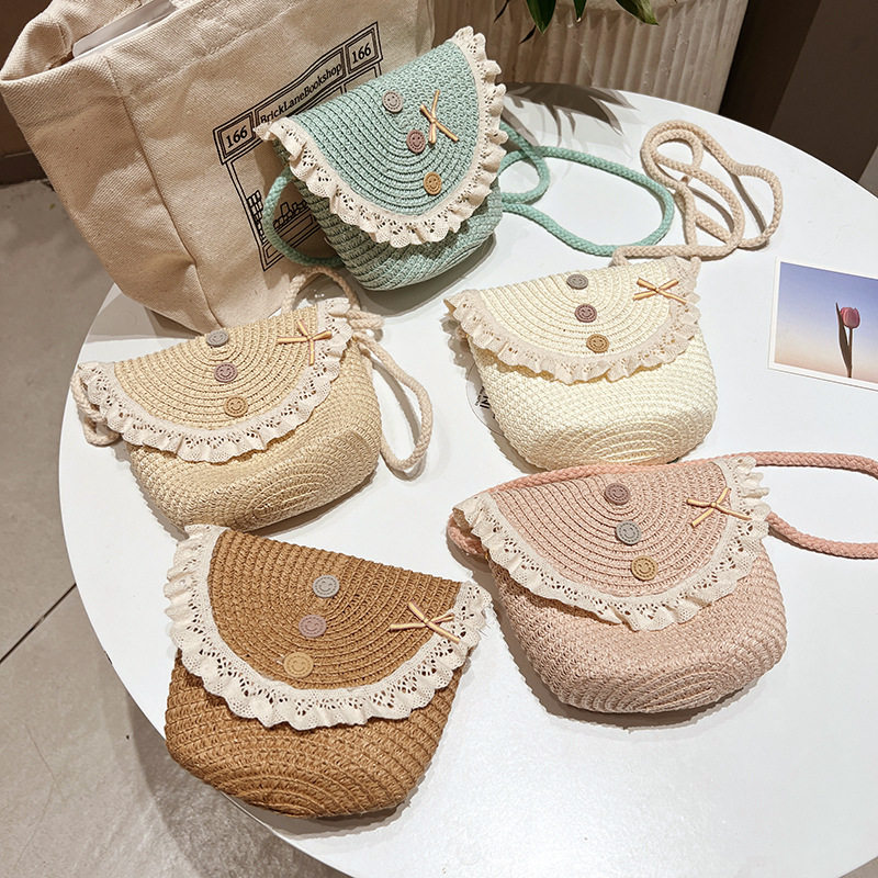 儿童纽扣蕾丝边手提包夏季草编包零钱包小孩单肩包宝宝斜挎包花朵