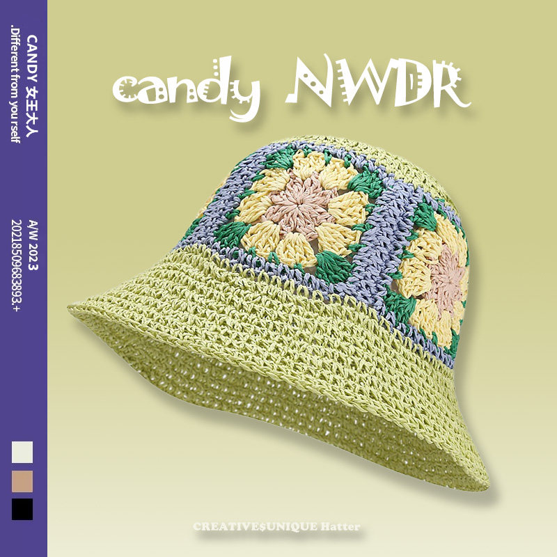 出游度假休闲防晒帽子女23年新款夏季大檐手工草编花朵透气渔夫帽