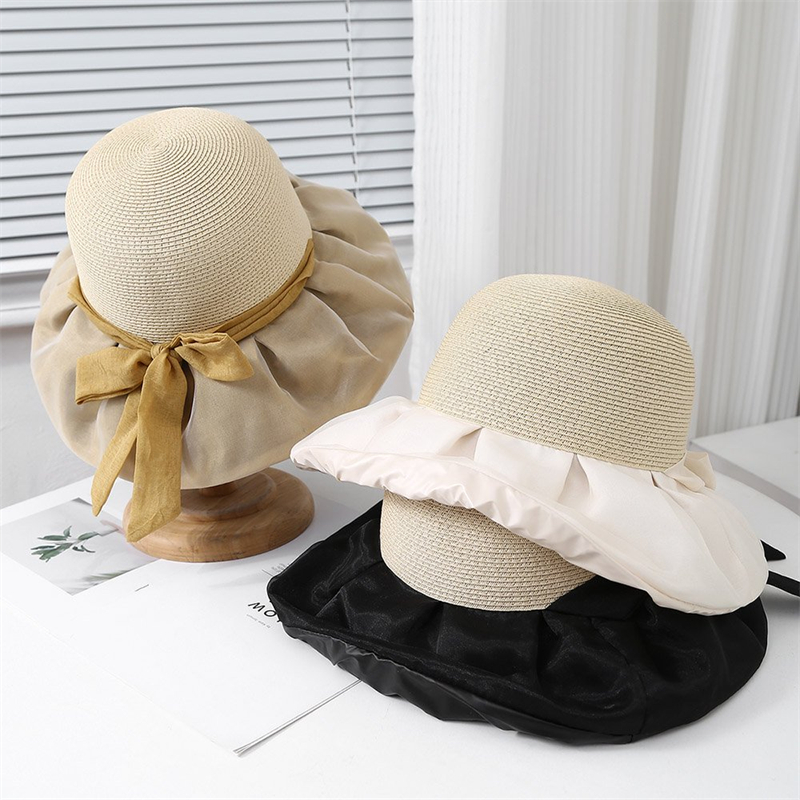 夏季新款蝴蝶结黑胶渔夫帽防紫外线大檐贝壳帽女UPF50+遮阳防晒帽