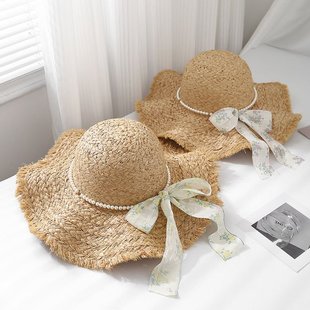 沙灘帽 草帽拉菲草帽女夏天遮陽波浪海邊防曬度假蕾絲大帽檐韓版