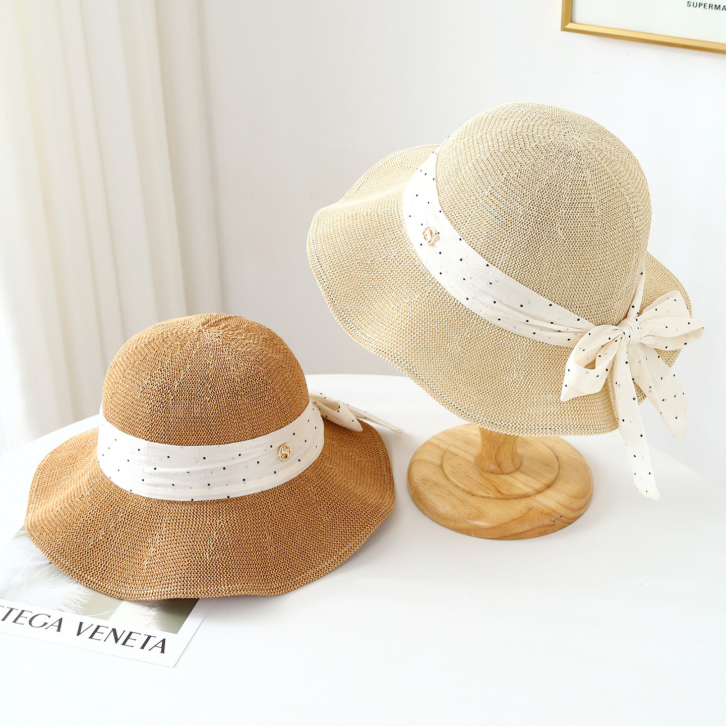 透气编织盆帽大帽檐花边太阳帽韩版小清新遮阳帽波点蝴蝶结沙滩帽