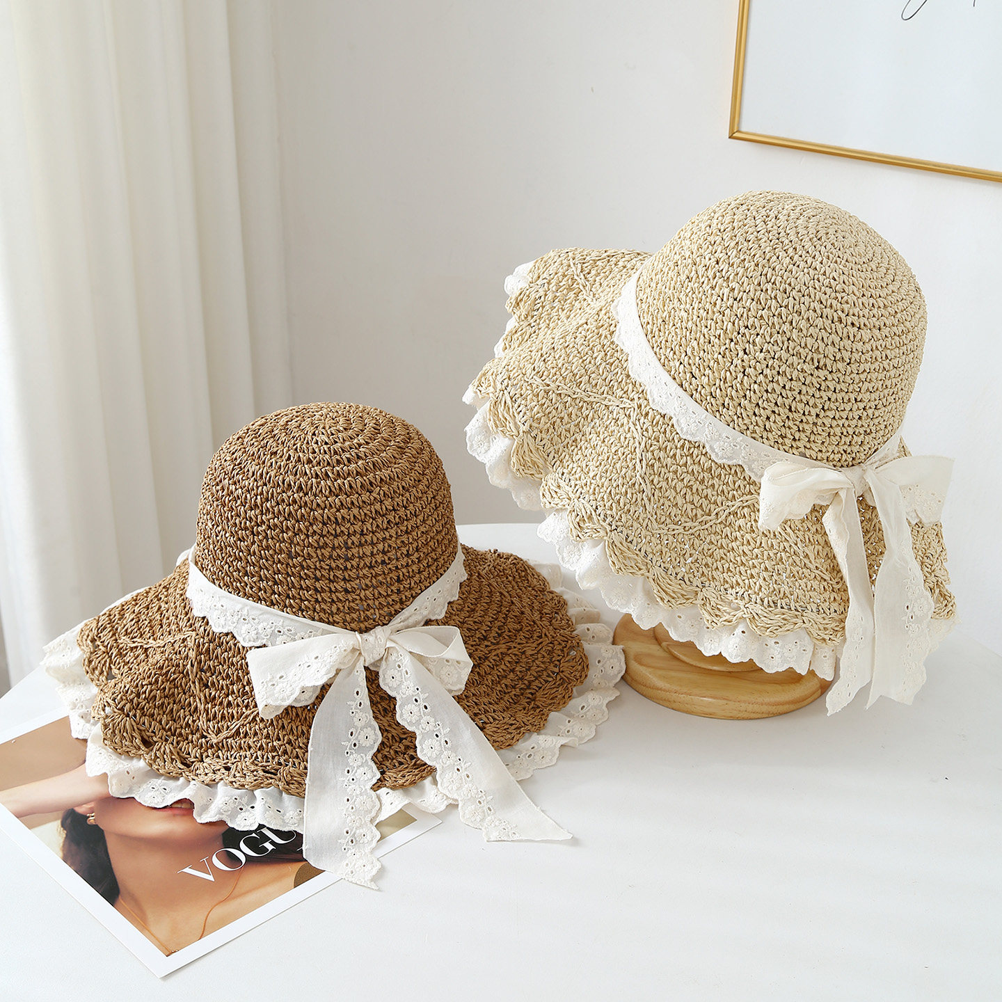 日系蕾丝蝴蝶结立体钩针草帽可折叠大沿帽子女春夏天沙滩遮阳帽新