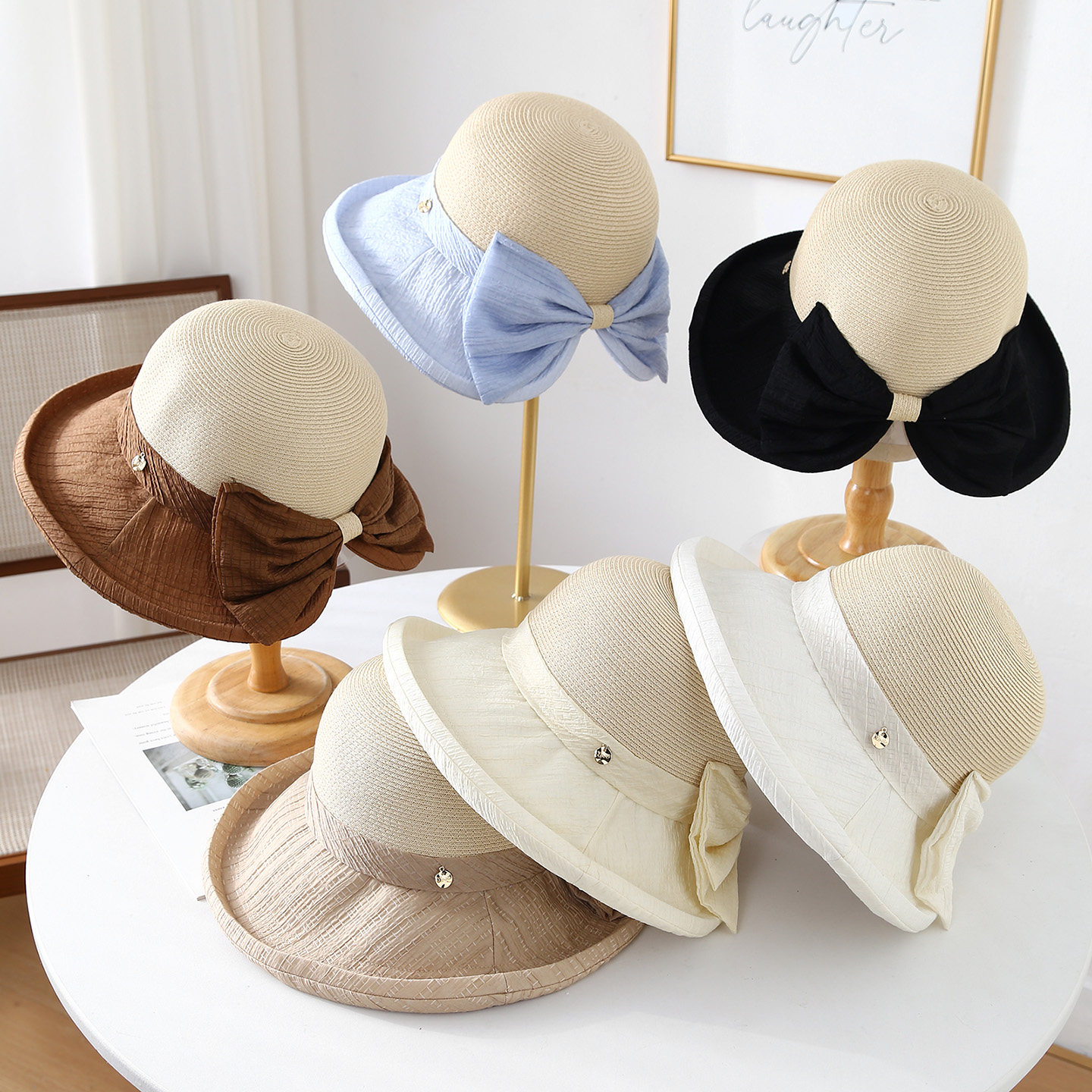 小清新草编太阳帽格纹蝴蝶结盆帽优雅百搭遮阳帽沙滩帽防晒草帽