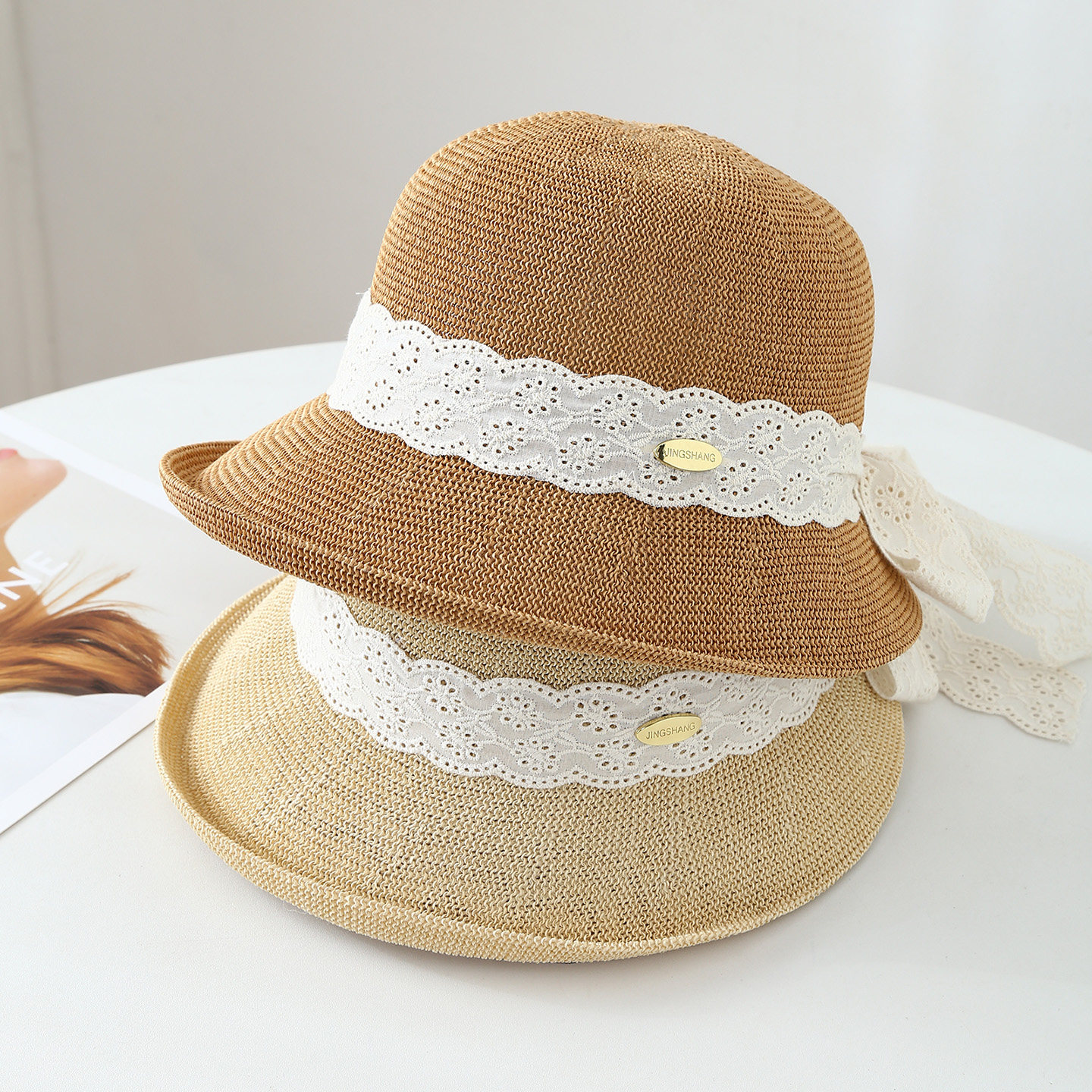 卷边水桶帽韩版蕾丝蝴蝶结草帽防晒遮阳帽清新甜美盆帽出游渔夫帽
