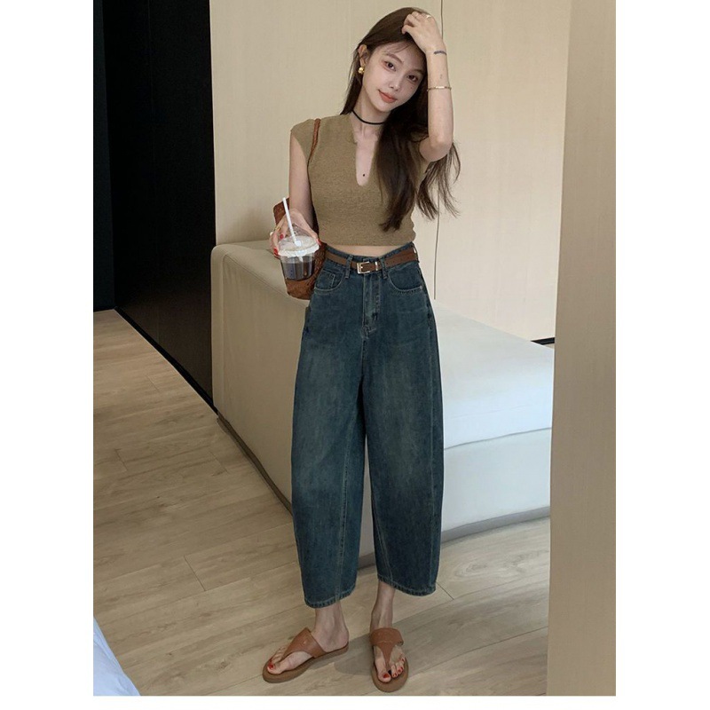 深蓝色牛仔裤女夏季薄款哈伦裤显瘦百搭小个子香蕉裤九分阔腿裤子