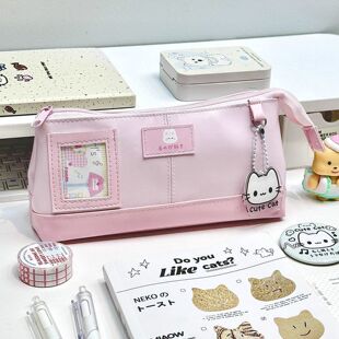可视窗痛包笔袋高颜值宅系小猫PU皮质文具收纳袋可爱学生大容量