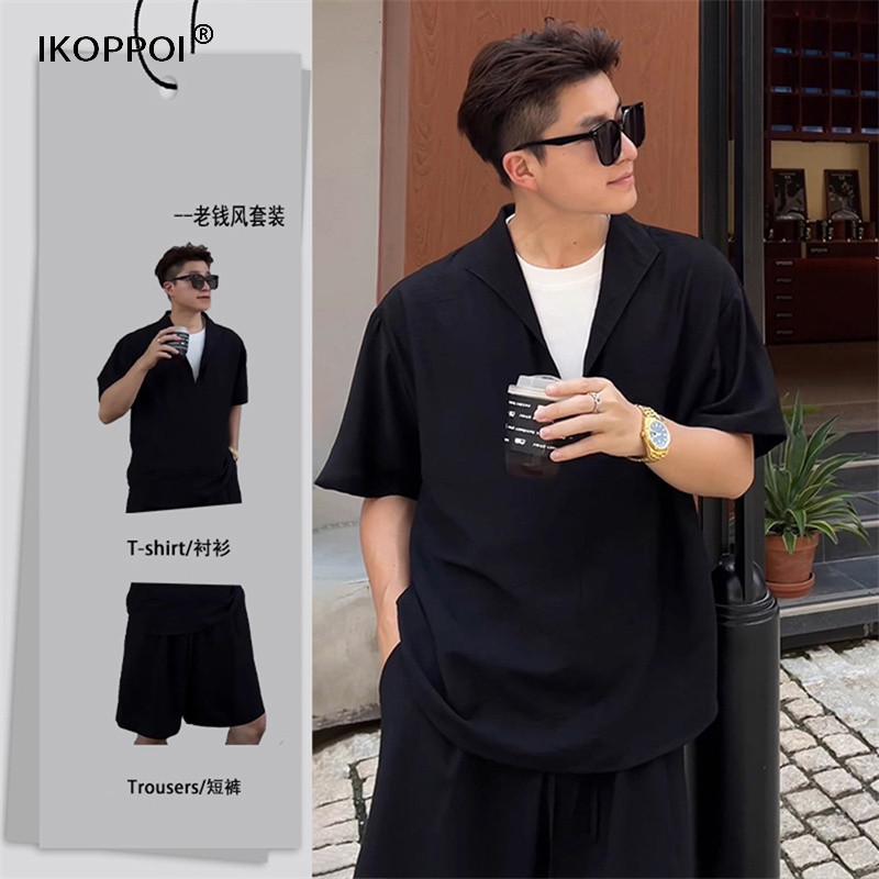 高端男士老钱风亚麻短袖衬衫套装2025夏季搭配帅气休闲短裤一套