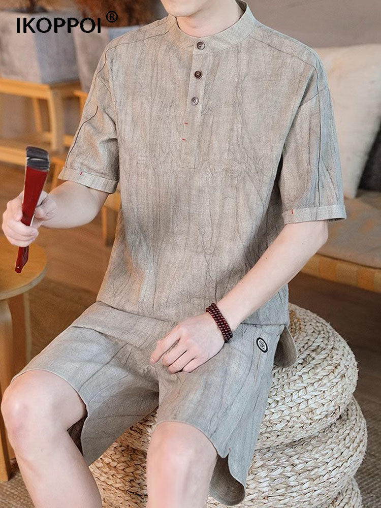 轻奢中国风棉麻短袖t恤男套装夏季休闲复古立领唐装汉服一套搭配