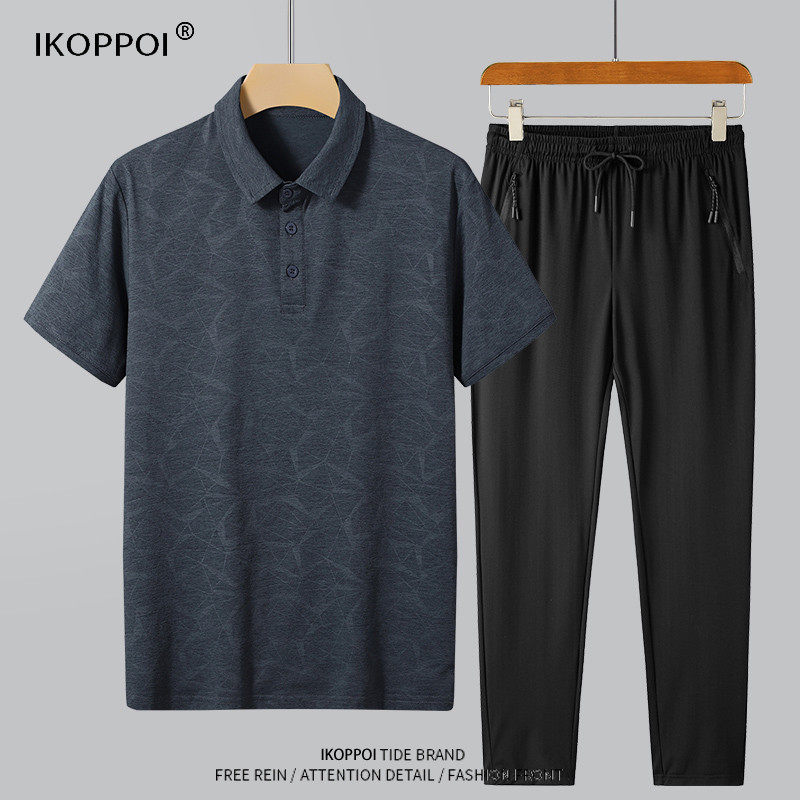 아버지의 날 옷 얼음 실크 캐주얼 정장 남성 여름 반팔 폴로 셔츠 멋진 바지 중년 느슨한 아빠 옷