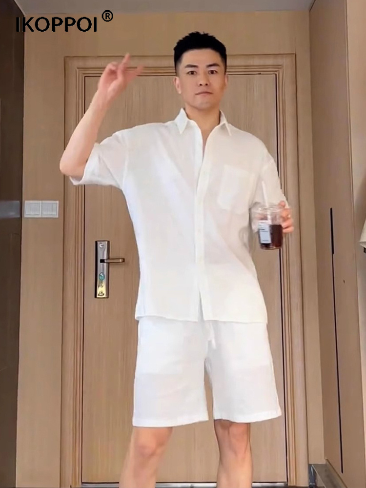 高端2024夏季新款短袖轻薄衬衫男士韩版时尚休闲亚麻套装短裤痞帅