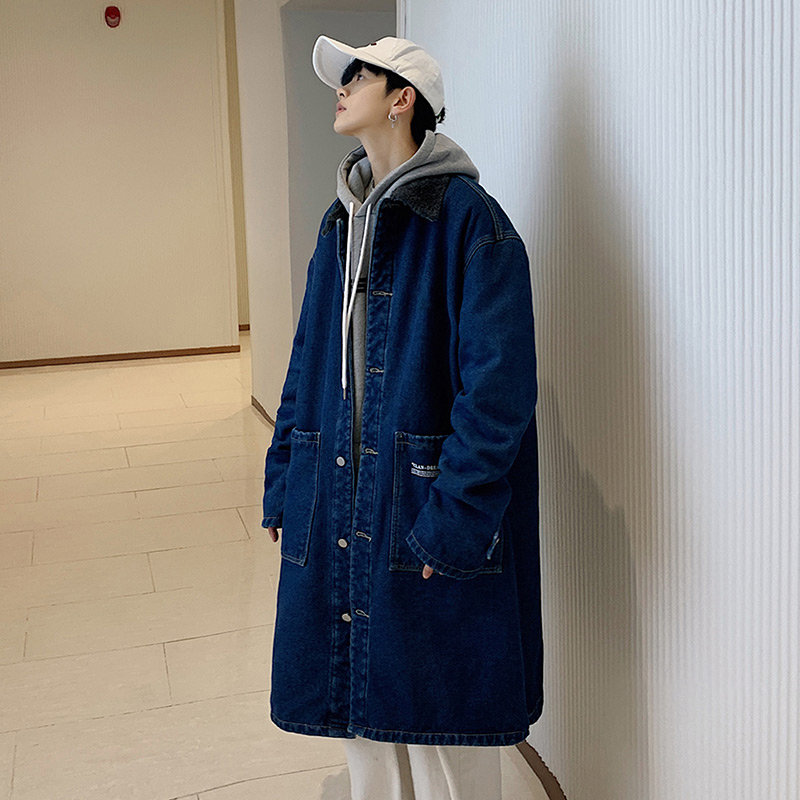 潮牌牛仔棉衣男士秋冬季加厚保暖宽松大码棉服男中长款羊羔毛外套