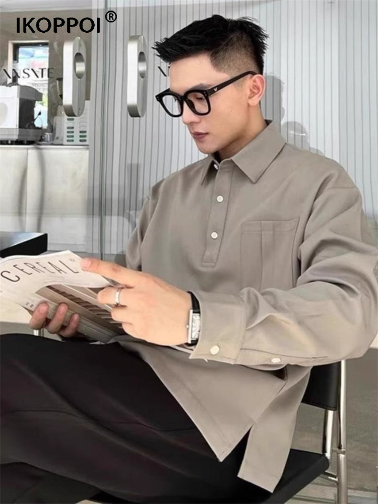 高端美式休闲翻领卫衣男2025春秋季新款宽松下摆开叉纯色T恤300斤