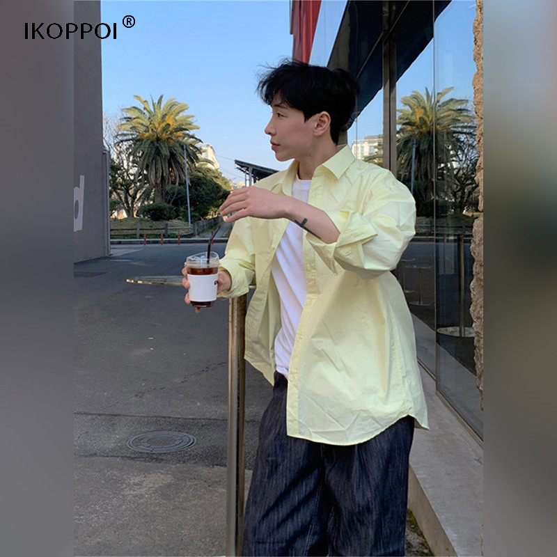 轻奢韩版宽松慵懒风防晒衬衣外套男款高级感多巴胺淡黄色长袖衬衫
