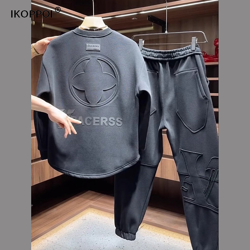 高端百搭男士运动休闲套装2025春秋圆领卫衣潮流束脚裤帅气两件套