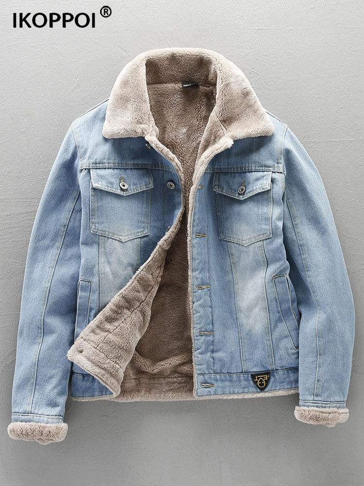 羊羔绒牛仔夹克男士冬季加绒加厚修身外套韩版潮流百搭翻领上衣服