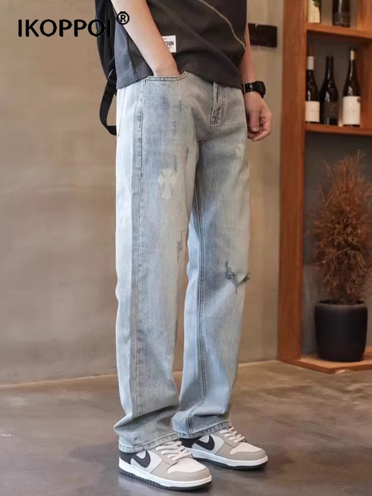 破洞牛仔裤男士秋季美式痞帅高街休闲长裤宽松直筒百搭设计感裤子,男装,牛仔裤,淘宝优惠券,粉丝福利购,淘宝优惠卷