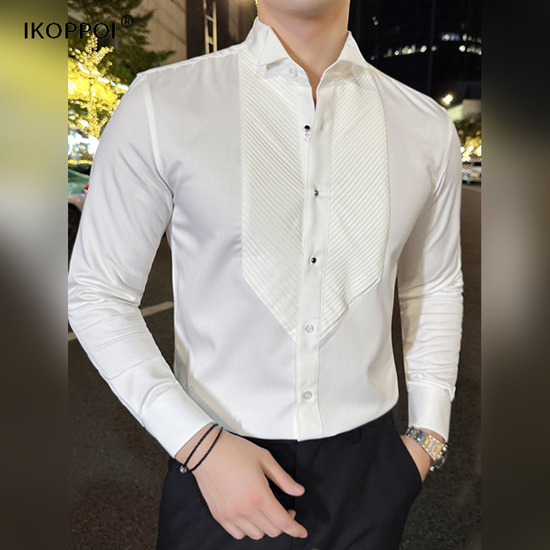 轻奢法式翼领礼服衬衫男长袖正装商务修身绅士高级免烫风琴褶衬衣
