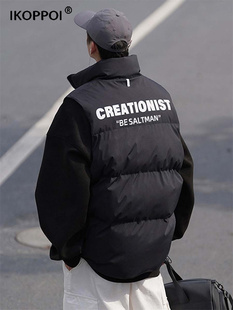 羽绒马甲男士秋冬季美式高街痞帅字母外套宽松休闲工装坎肩上衣服